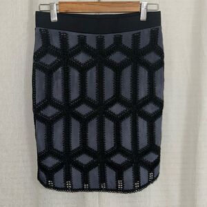 H&M S Navy Faux Suede Crochet Patchwork Black Knit Back Pencil Skirt